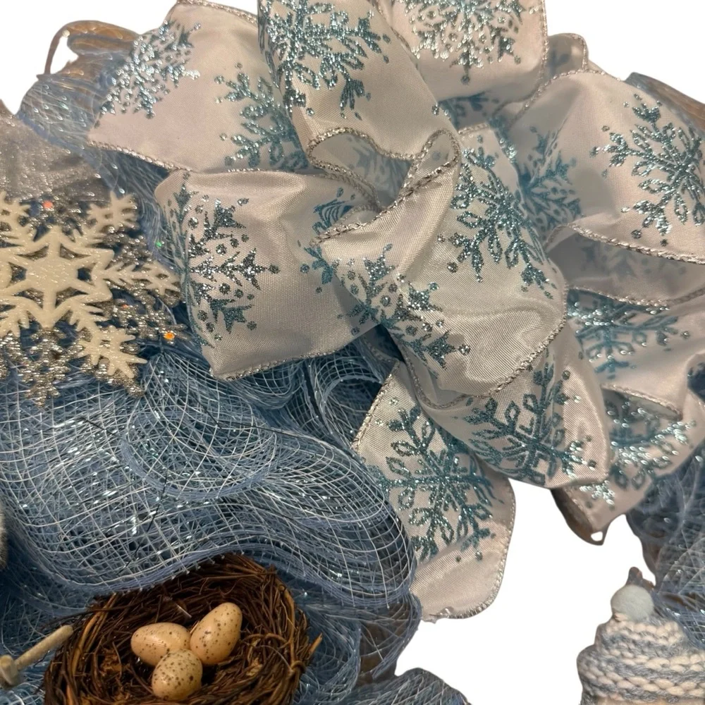 Handmade Winter Bird Deco Mesh Wreath Blue, White & Snowflake Decor 21